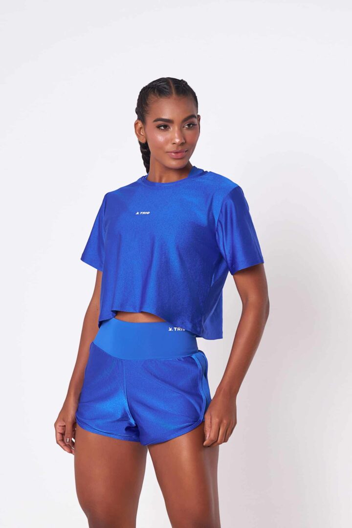 CONJUNTO SHORT VIC AZUL OCEANO + CROPPED LARISSA AZUL OCEANO PEROLADO